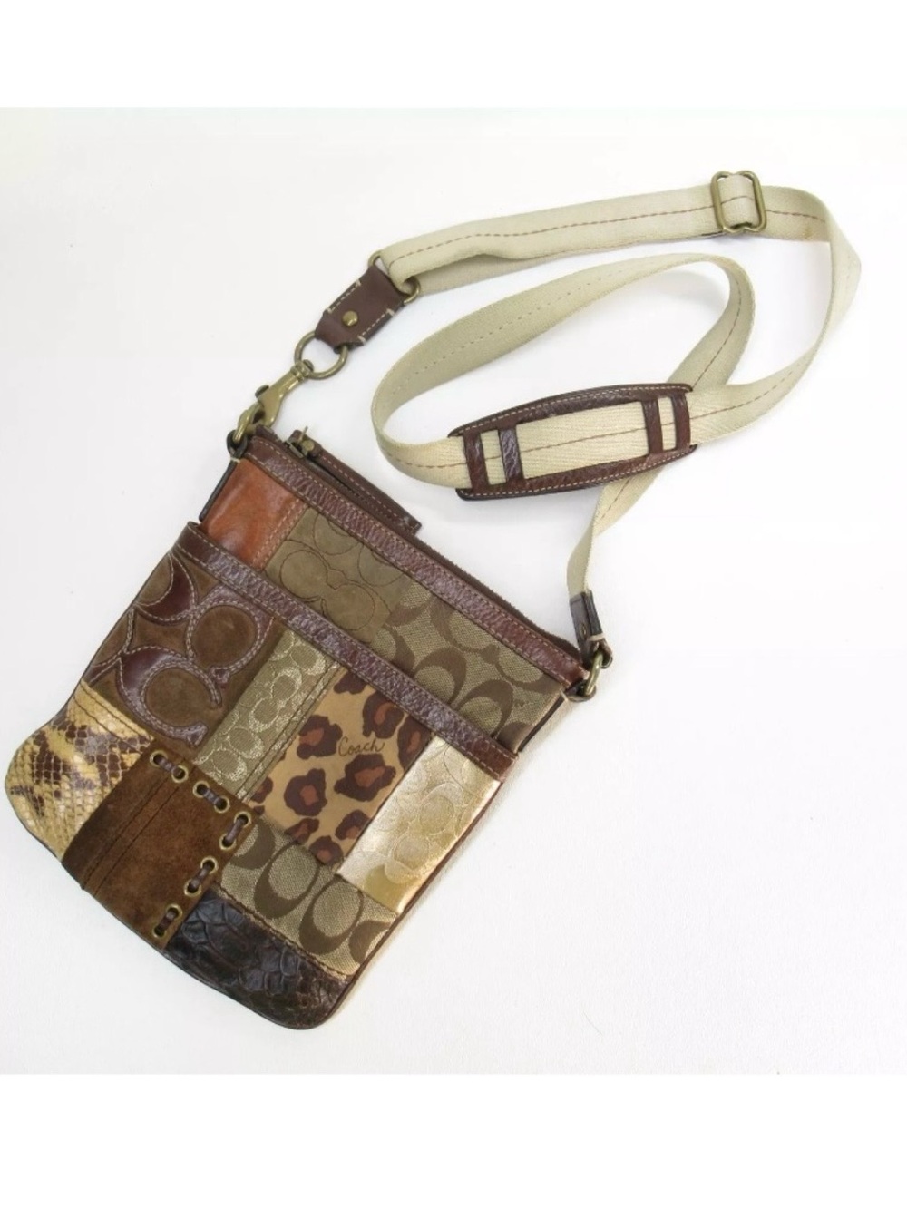 Coach Patchwork Crossbody Bag Purse Brown Gold Signature Canvas Leather Handbag